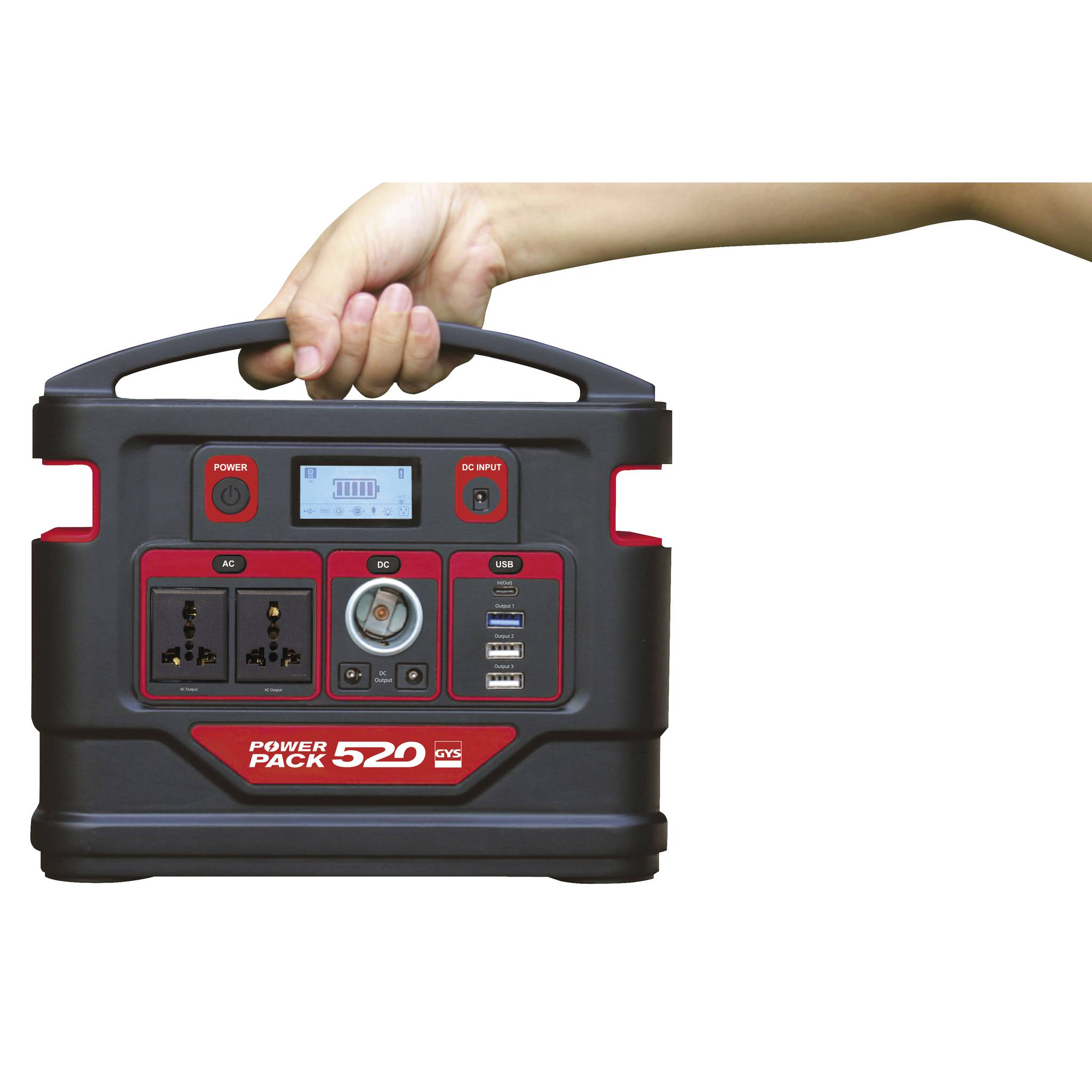 Eine Hand hält ein tragbares Power Pack 520 Wh. Es verfügt über Wechsel- und Gleichstromanschlüsse sowie USB-Ports und ein Display.