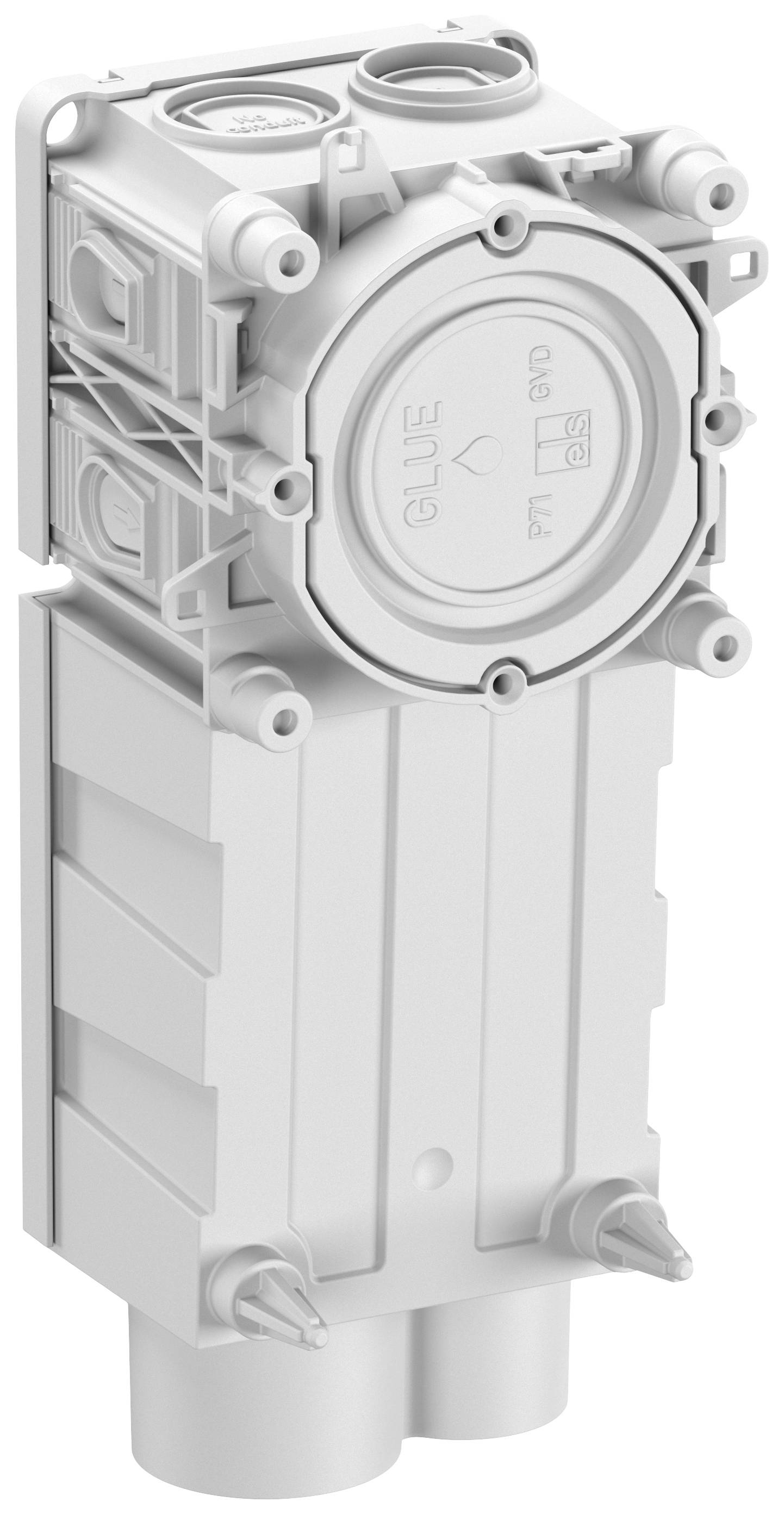 Gehäuse mit rundem Deckel, Montagepunkten und Kabelöffnungen, geeignet für industrielle Anwendungen oder elektrische Installationen.
