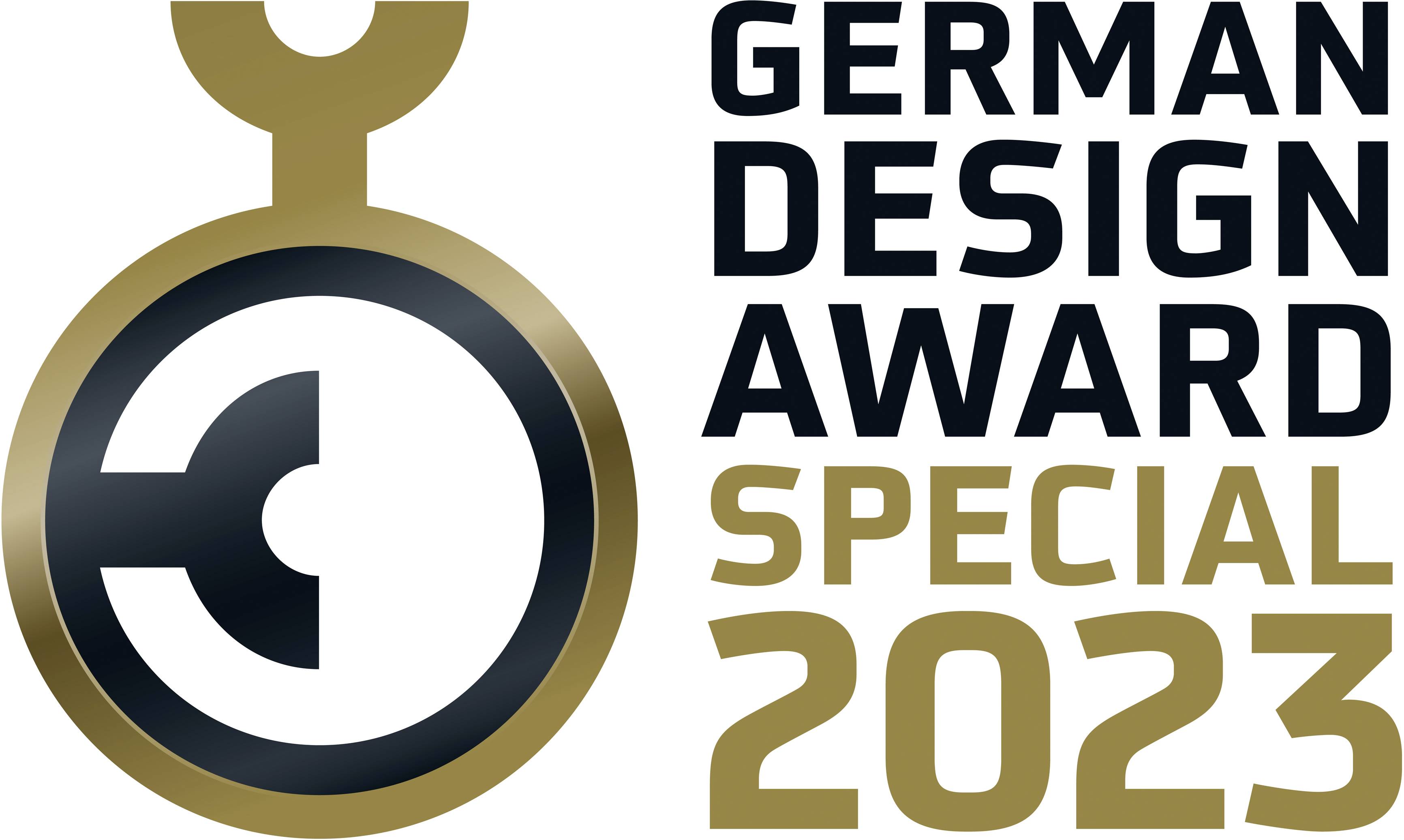 'German Design Award Special 2023' zeigt eine stilisierte Grafik eines goldenen Kreises mit einem zentralen Muster.