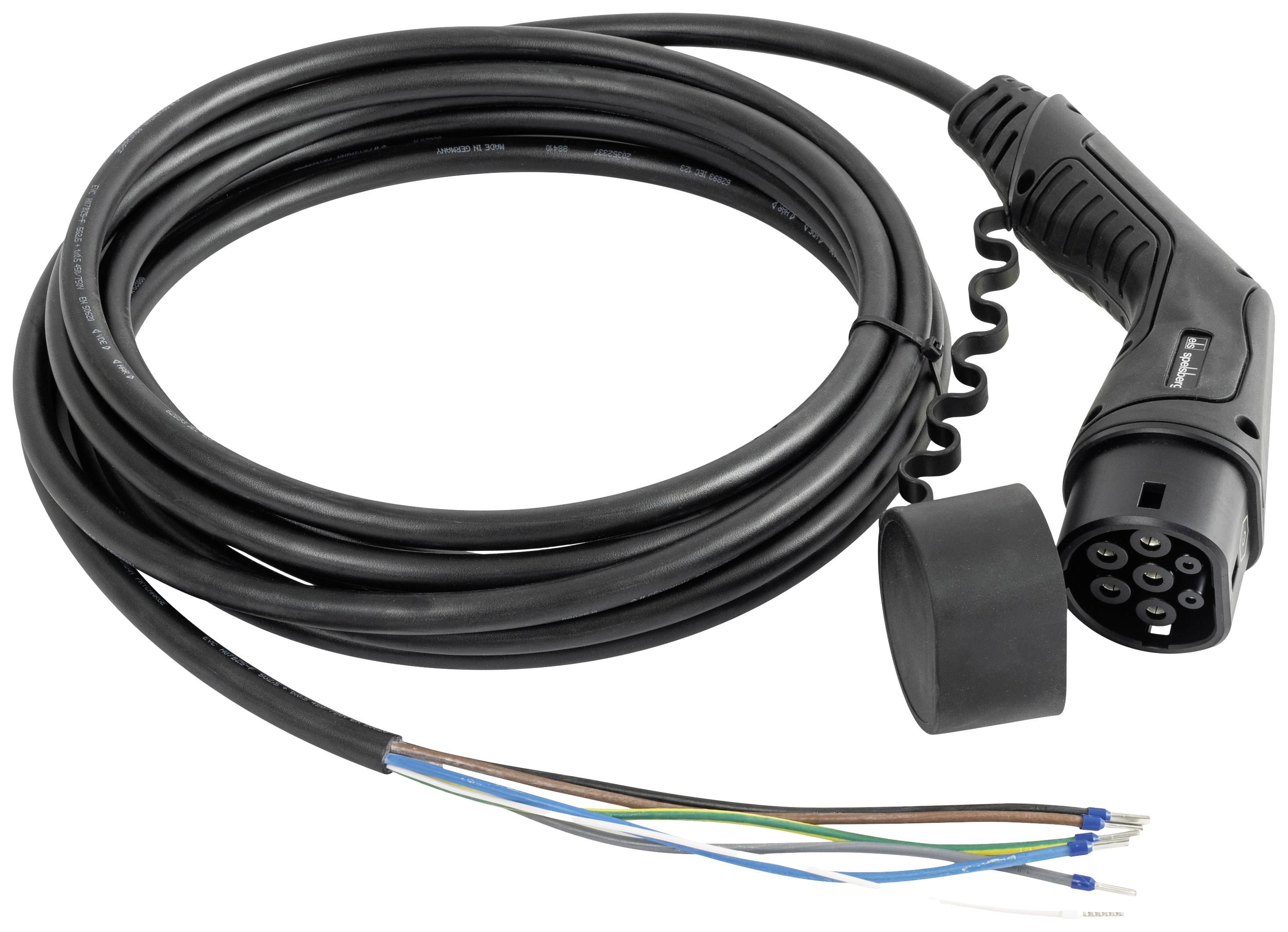 Ein schwarzes Ladekabel für Elektrofahrzeuge mit offenem Stecker und abisolierten Drähten für die Installation.