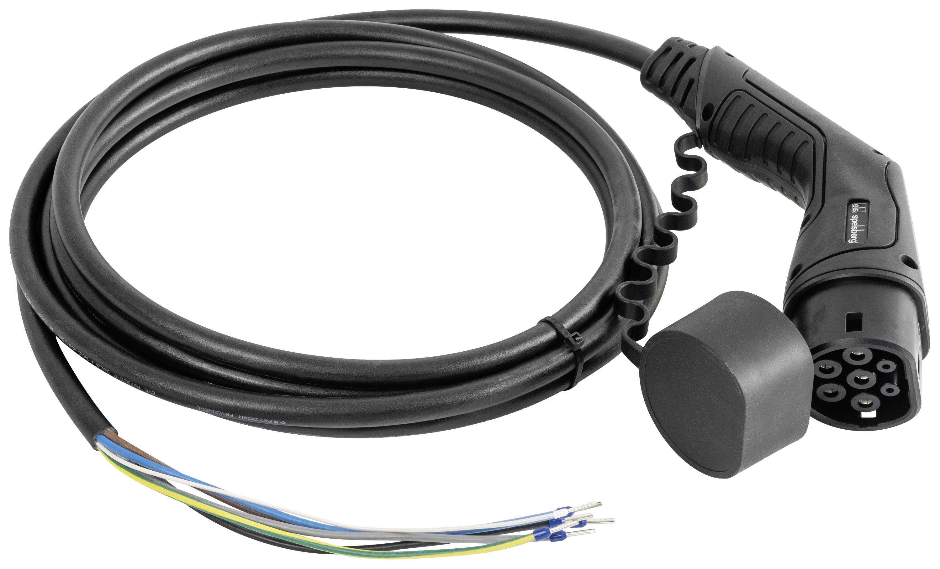 Ein schwarzes Ladekabel mit einem abnehmbaren Stecker, geeignet für Elektrofahrzeuge. Mehrere bunte Kabeladern sind sichtbar.