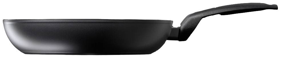 Eine schwarze Bratpfanne mit ergonomischem Griff, seitlich fotografiert. Ideal zum Braten und Kochen auf verschiedenen Herdarten.