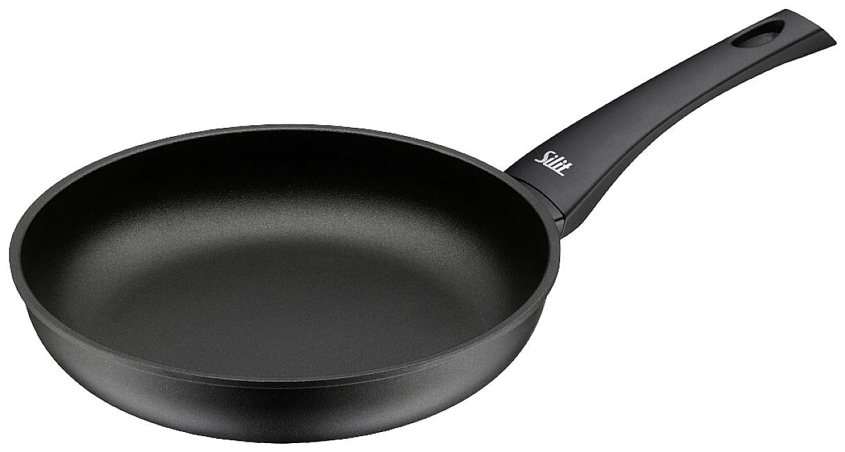 Eine schwarze Bratpfanne aus Metall mit einem stilisierten Griff.