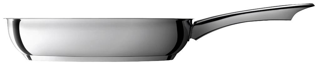 Stahltopf mit langem Griff, Seitenansicht. Eignet sich zum Kochen auf Herden. Glänzende Oberfläche reflektiert Licht.