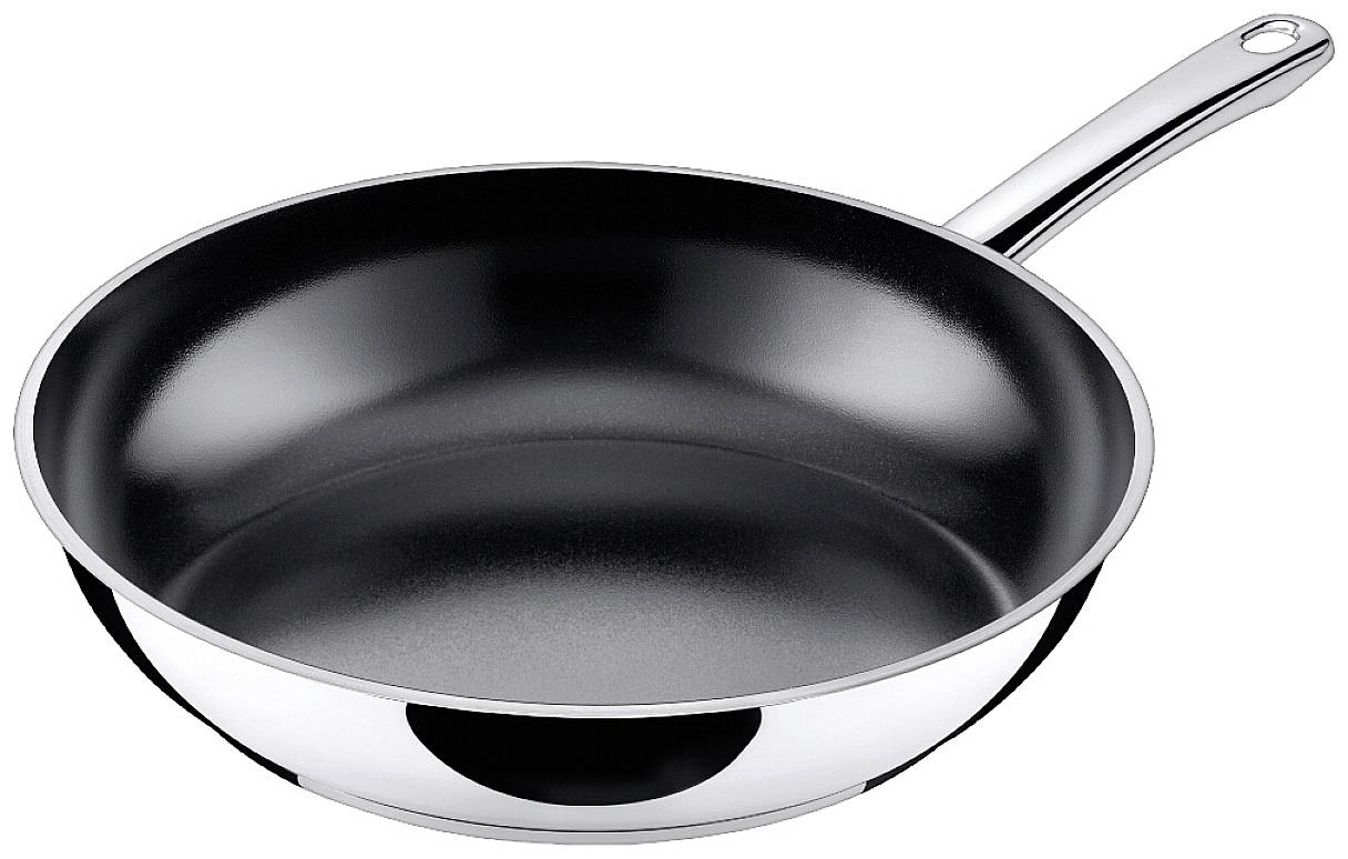 Eine metallene Bratpfanne mit schwarzer Antihaftbeschichtung und langem Griff liegt flach auf einer glatten Oberfläche.