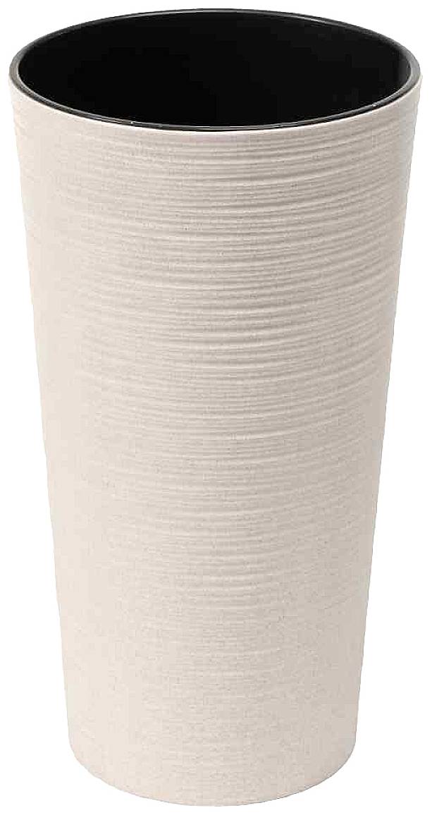 Beiger, hoher, zylindrischer Blumenkübel mit feiner Rillenstruktur auf der Außenseite und schwarzem Inneren.