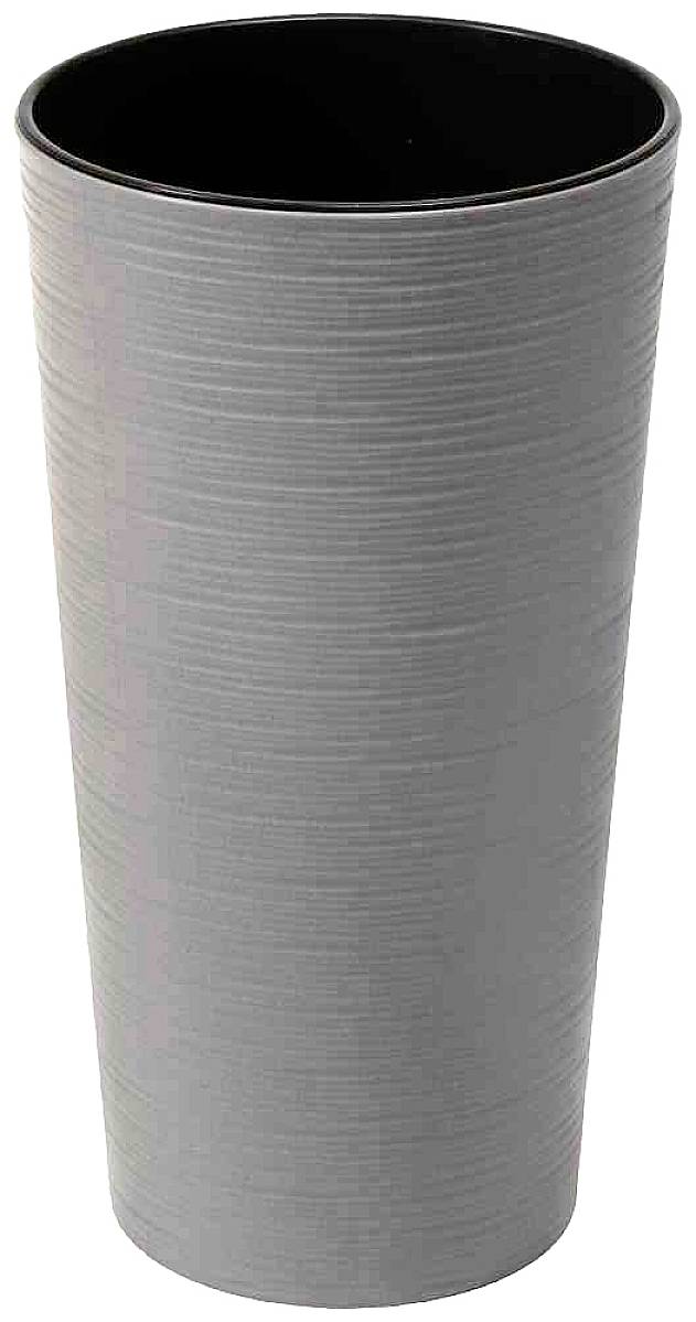 Grauer, zylindrischer Becher mit glatter Oberfläche, stehend aufrecht.