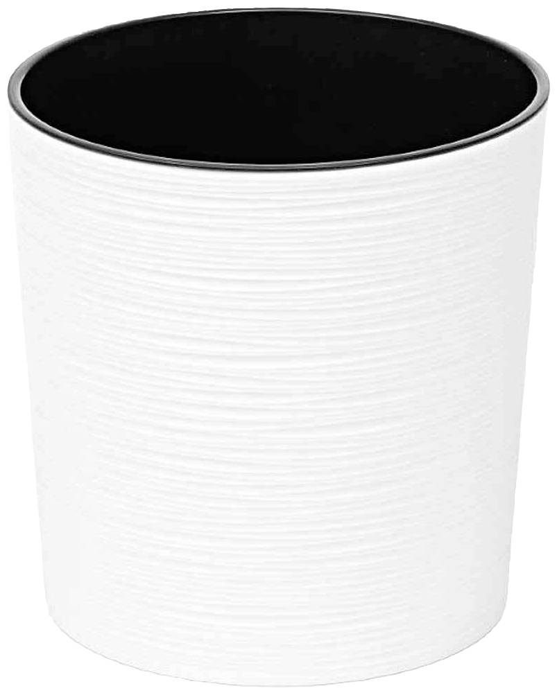 Ein weißer, zylindrischer Papierkorb mit glatter Oberfläche und schwarzem Innenraum.