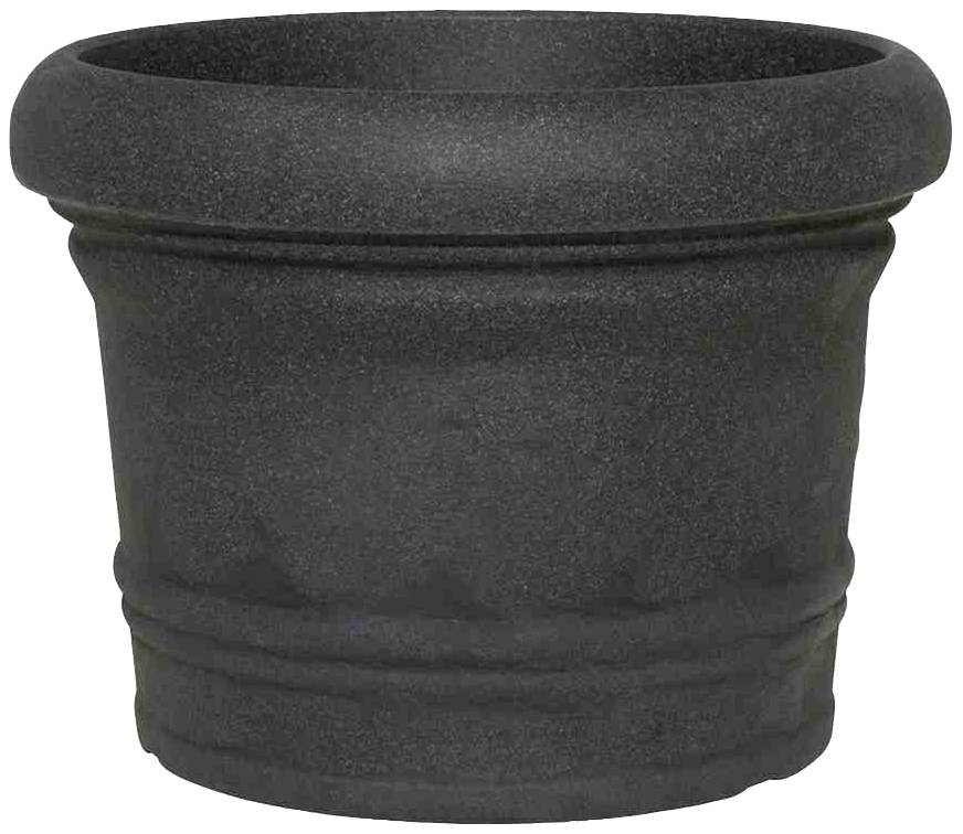 Schwarzer Pflanztopf aus Kunststoff mit breitem Rand und geriffeltem Design, geeignet für Garten- oder Balkondekoration.