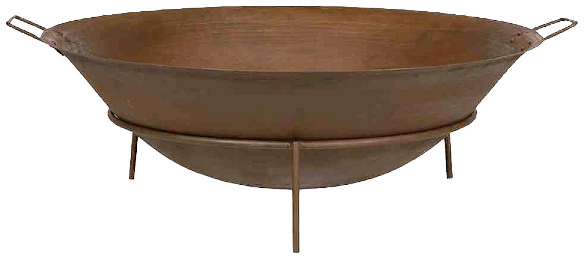 Große runde Feuerschale aus Metall mit Griffen, steht auf einem einfachen Gestell. Ideal für Garten oder Terrasse.