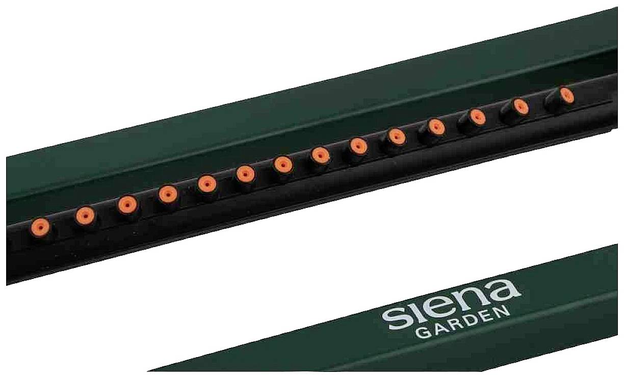 Grüner Rasensprenger mit orangen Düsen, Marke 'Siena Garden'. Ideal für gleichmäßige Bewässerung von Rasenflächen.