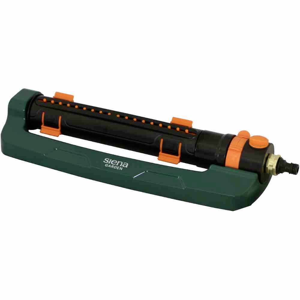 Rasensprenger von Siena Garden mit grünem und orangefarbenem Design und einem Anschluss für einen Gartenschlauch.