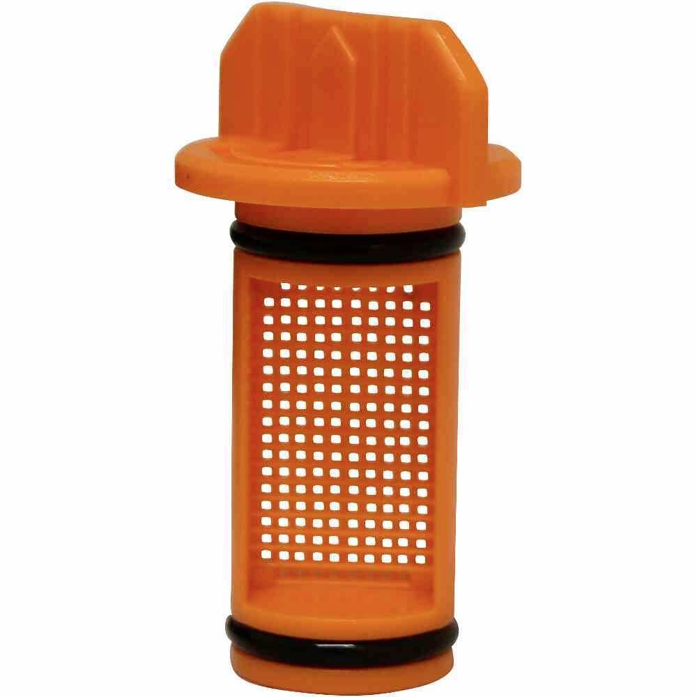 Ein orangefarbener Kunststofffilter mit Gitterdesign, verwendet für Maschinen oder Geräte zur Filterung von Partikeln oder Flüssigkeiten.