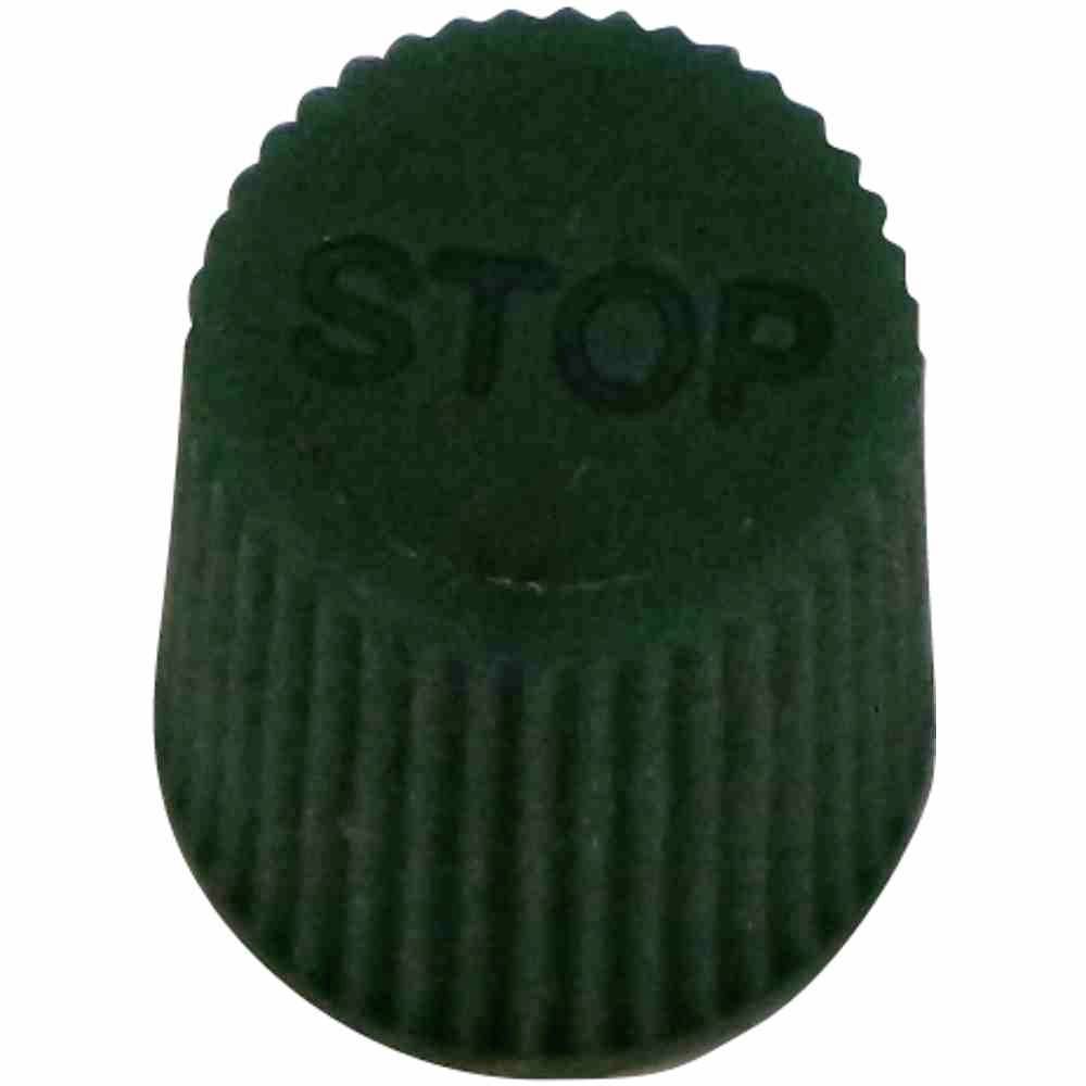 Grüner Drehknopf mit der Aufschrift 'STOP'.