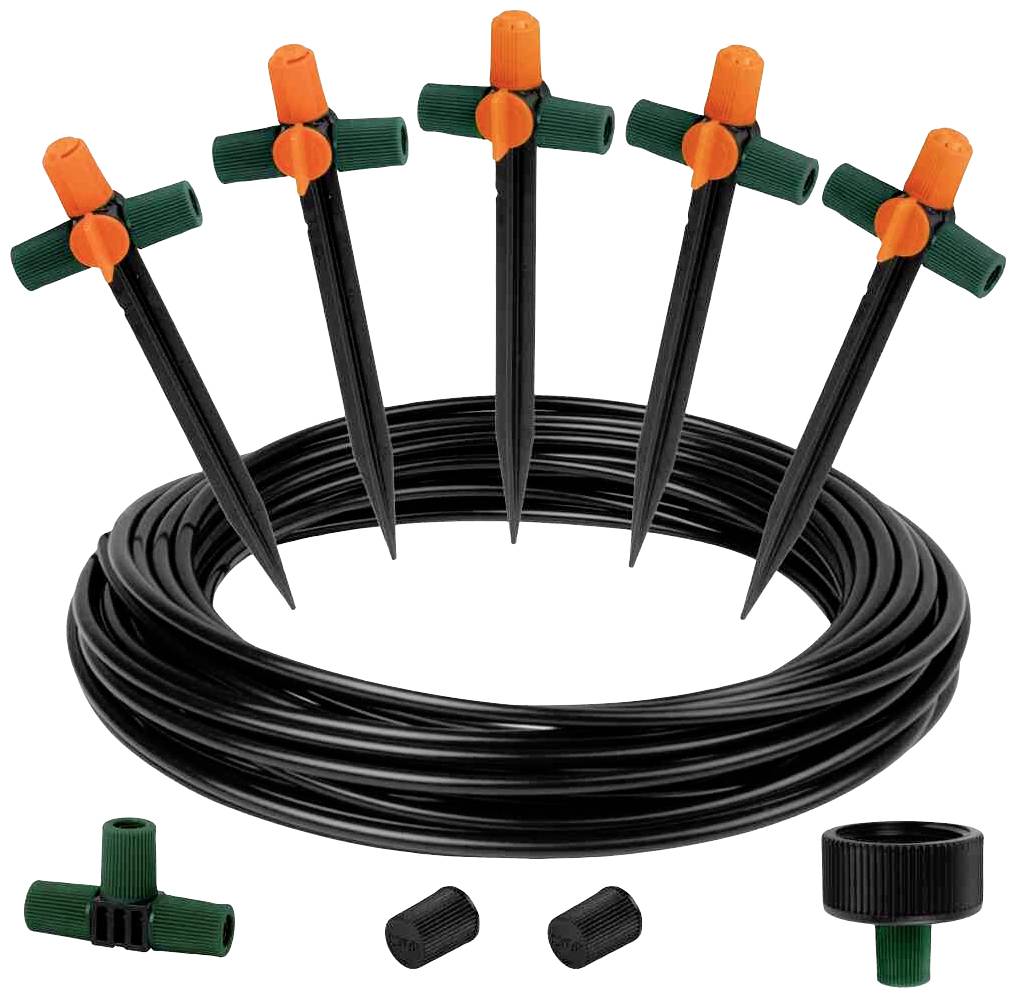 Bewässerungssystem: Schwarzer Schlauch mit mehreren grünen und orangefarbenen Tropfbewässerungsdüsen, ideal für Gartenpflanzen.