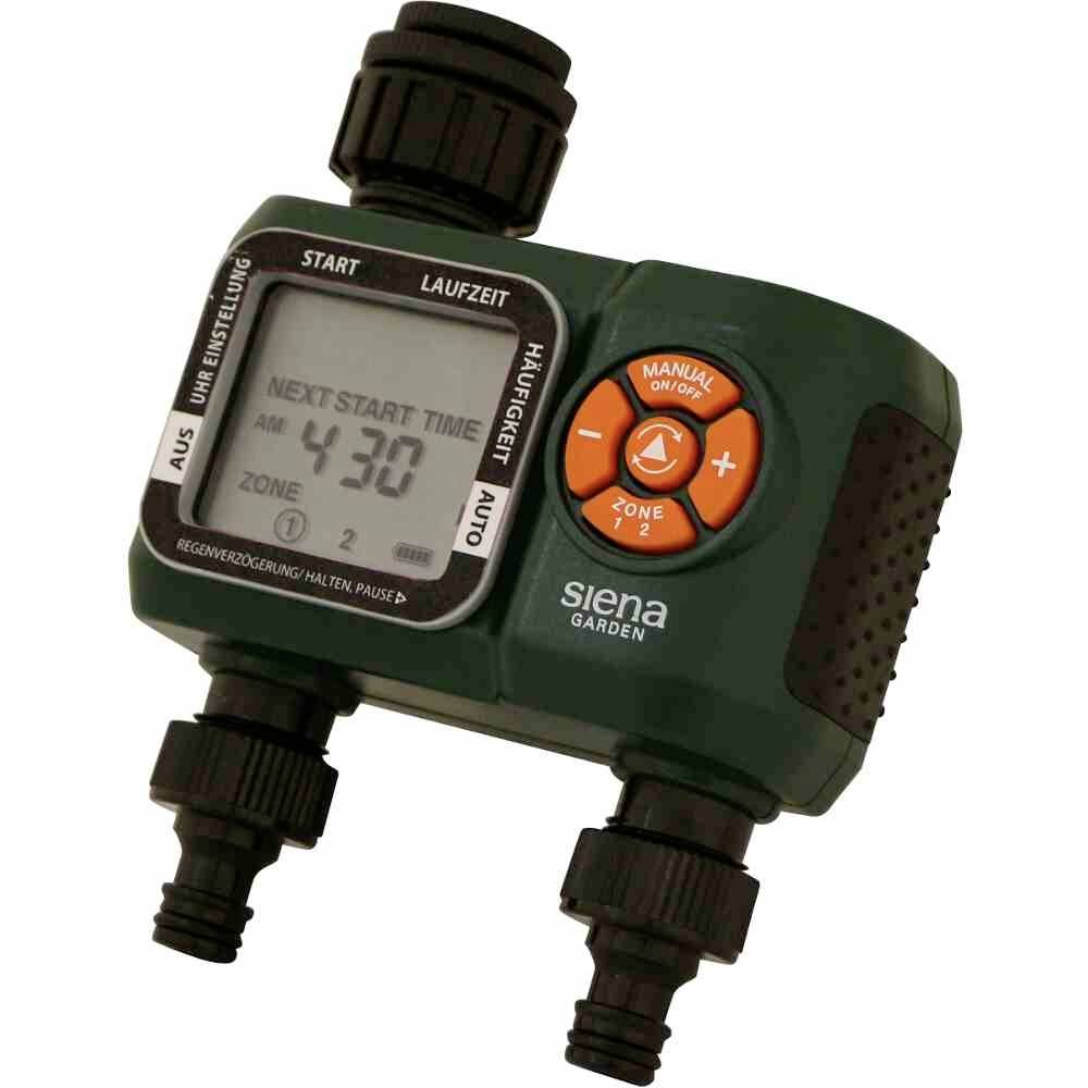 Ein Bewässerungs-Timer von Siena Garden, zeigt 'NEXT START TIME 4:30'. Zwei Ventilanschlüsse, orangefarbener Knopf für manuelle Steuerung.
