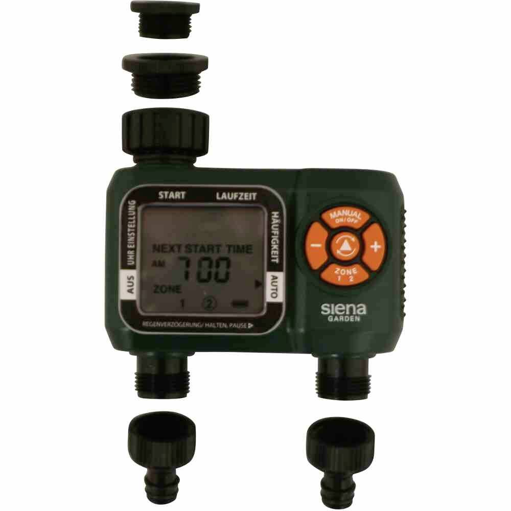 Ein elektronischer Bewässerungs-Timer von Siena Garden, zeigt 'Nächste Startzeit 7:00' und 'Zone 1'. Mehrere Anschlüsse sichtbar.