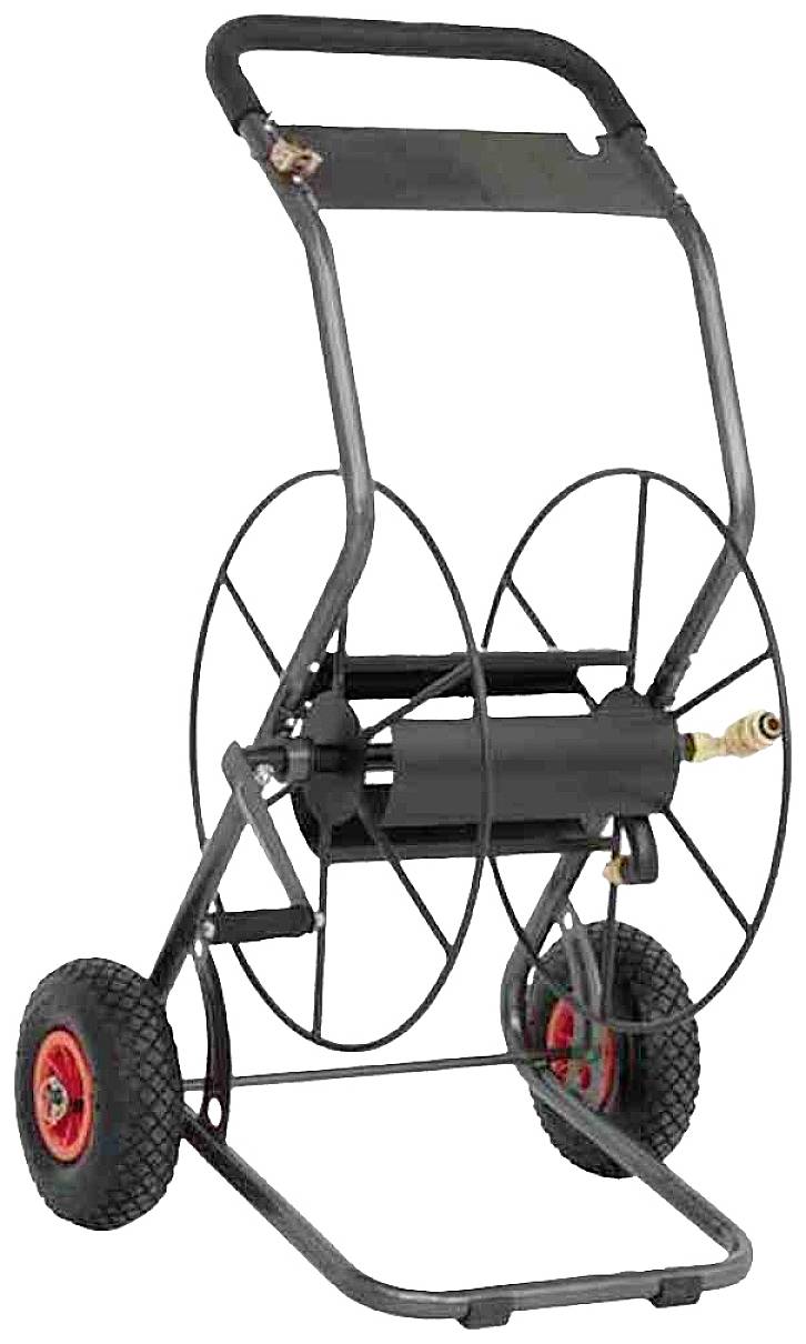 Garten-Schlauchtrommelwagen aus Metall mit zwei Rädern, geeignet zum Aufbewahren und Transportieren von Gartenschläuchen.