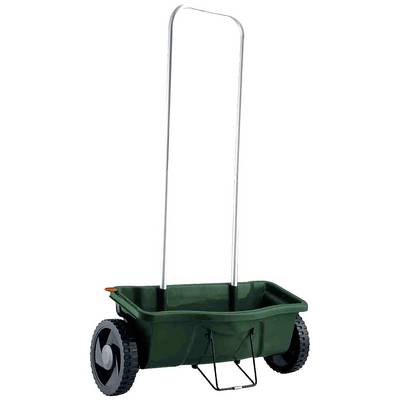 Ein grüner, manueller Streuwagen mit zwei schwarzen Rädern und einem langen silbernen Griff, verwendet zum Verteilen von Dünger oder Samen.