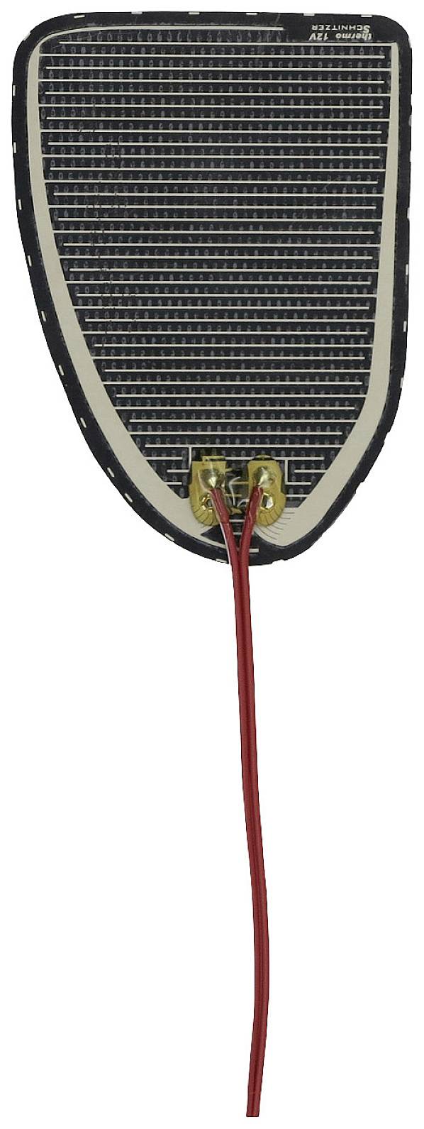 Ein elektrisches Heizpad in brauner Form mit parallelen weißen Linien und einem roten Kabel, das unten heraushängt.