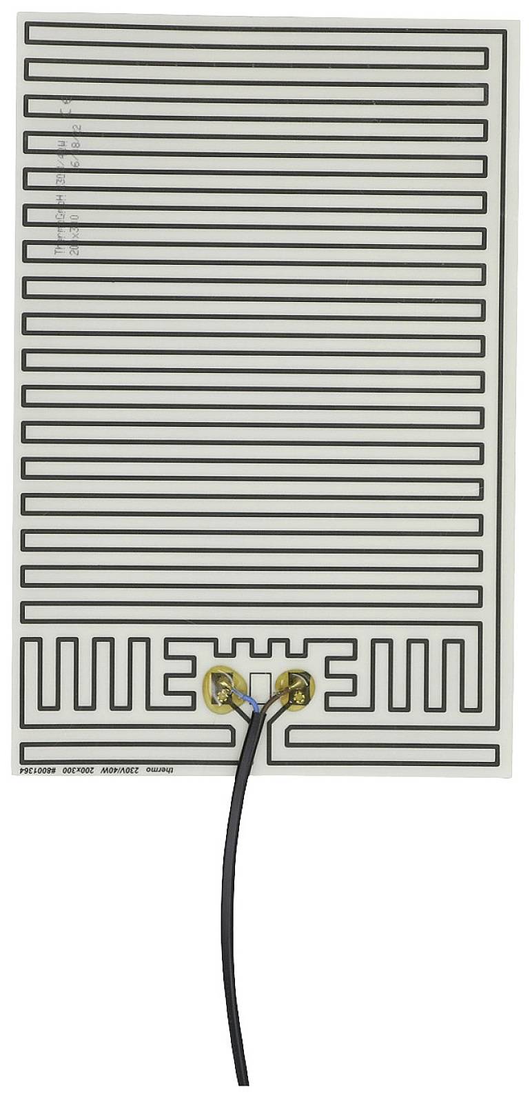 'Elektrische Sensorplatte mit parallel verlaufenden Leiterbahnen, zwei Anschlussklemmen und Kabel für elektronische Anwendungen.'