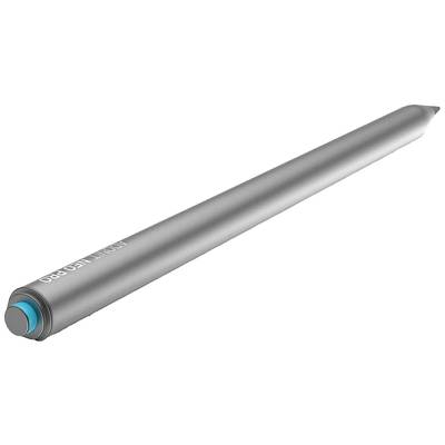 Grauer Eingabestift auf weißem Hintergrund, metallisches Design mit abgerundeter Spitze und blauer Taste am Ende.