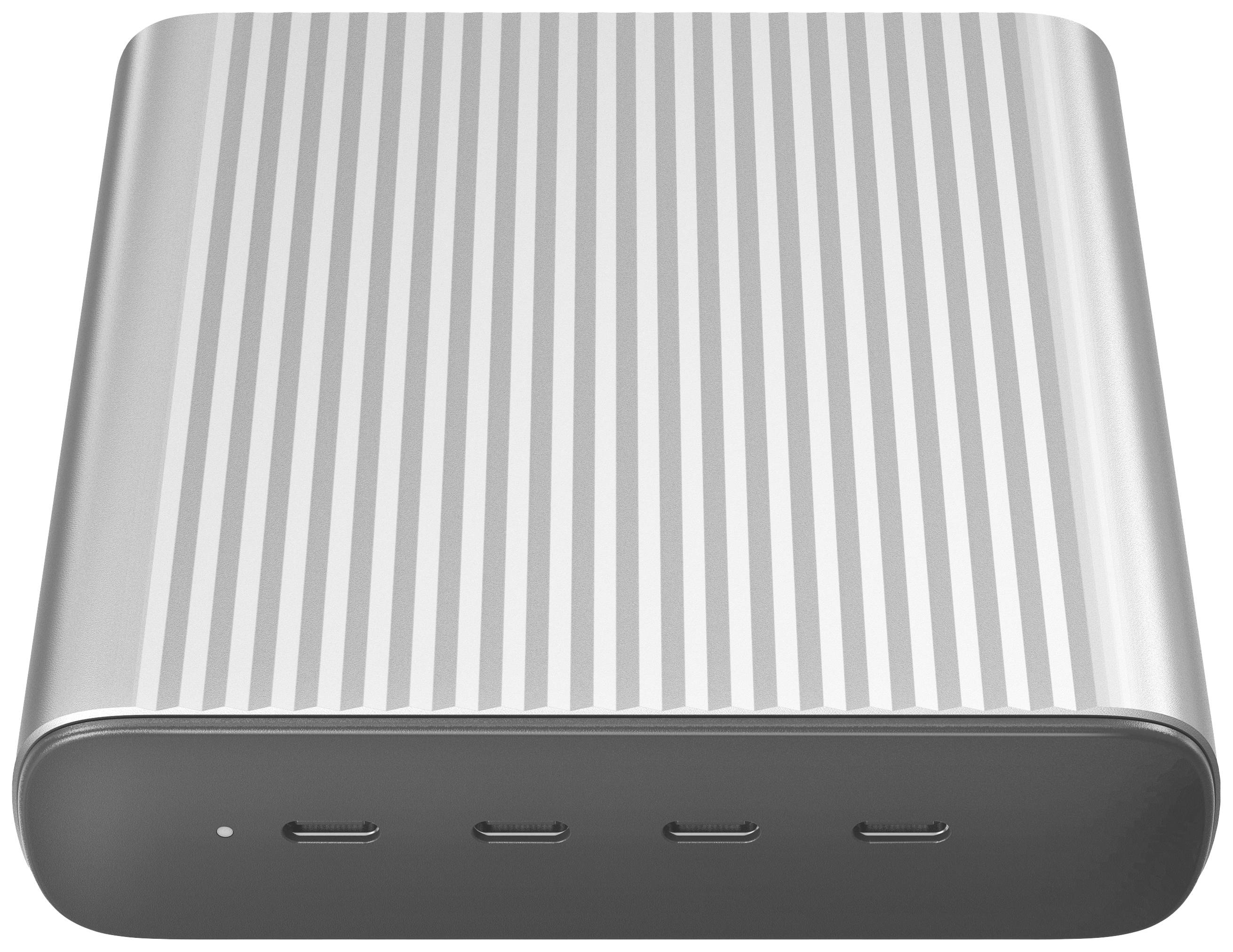 Externe Festplatte mit Metallgehäuse und gerillter Oberfläche, drei USB-C-Anschlüssen auf der Vorderseite.