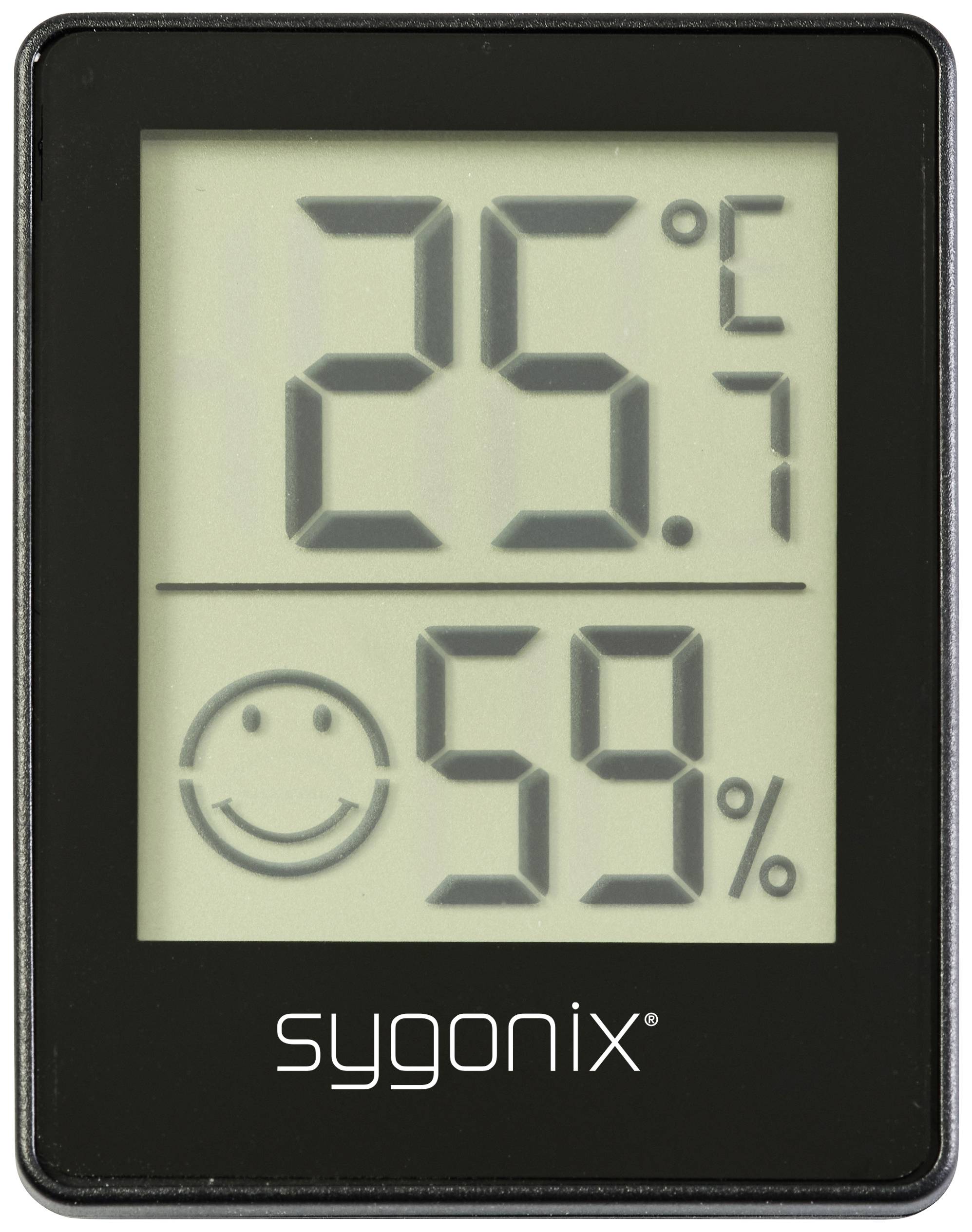 Digitales Thermometer zeigt '25,7°C' und Hygrometer zeigt '59%' mit einem lächelnden Gesichtssymbol darunter.