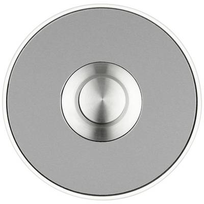 Runder, metallischer Druckknopf in der Mitte einer grauen, kreisförmigen Oberfläche.