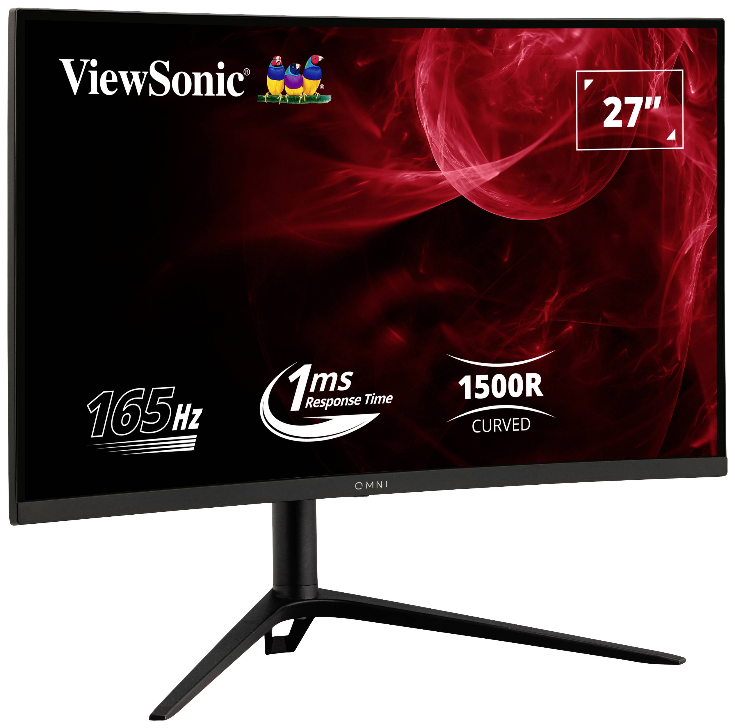Ein gekrümmter 27-Zoll-Monitor von ViewSonic mit 165Hz Bildwiederholrate, 1ms Reaktionszeit und 1500R Krümmung, schwarzer Rahmen.