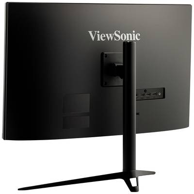 Ein schwarzer Monitor der Marke ViewSonic von hinten, auf einem Standfuß montiert, zeigt Anschlüsse auf der Rückseite.