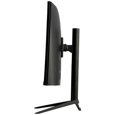 Ein Flachbildschirm-Monitor in Seitenansicht. Der Monitor ist schlank und aufrecht auf einem stabilen Standfuß montiert.