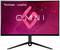 Ein ViewSonic Gaming-Monitor mit einem gebogenen Bildschirm auf einem Standfuß, zeigt ein abstraktes rosa Hintergrunddesign.