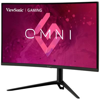 Ein gebogener Computerbildschirm von ViewSonic OMNI in einem modernen Design, hauptsächlich in Rot- und Schwarztönen gehalten.