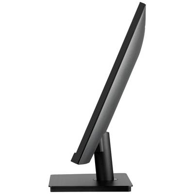 Ein schwarzer Computermonitor aus seitlicher Perspektive, stehend auf einem rechteckigen Sockel mit schlankem, modernem Design.
