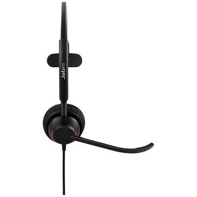 Schwarzes, einseitiges Headset mit Mikrofonarm. Markenname 'Jabra' auf dem Bügel. Geeignet für Telefonate und Kommunikation.