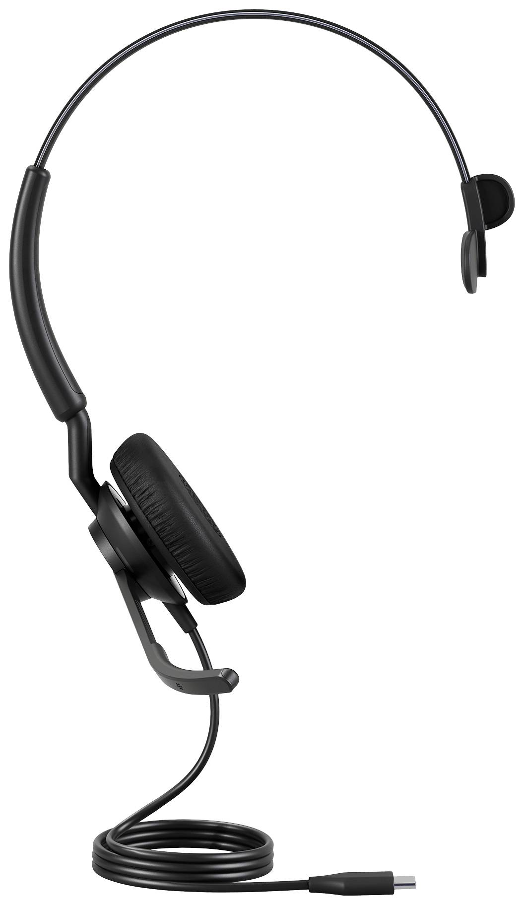 Ein schwarzes, einseitiges Headset mit einem Ohrpolster und flexiblem Mikrofonarm. Das Kabel endet in einem USB-Anschluss.