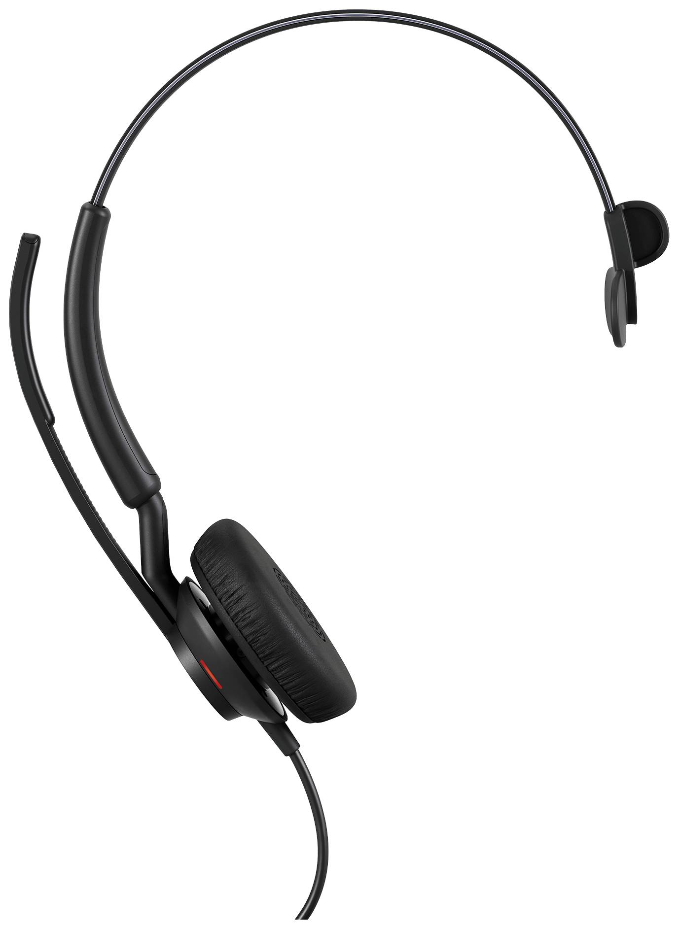 Ein schwarzes, einseitiges Headset mit flexiblem Mikrofonarm und Ohrpolster, geeignet für den Einsatz in Büros oder Callcentern.