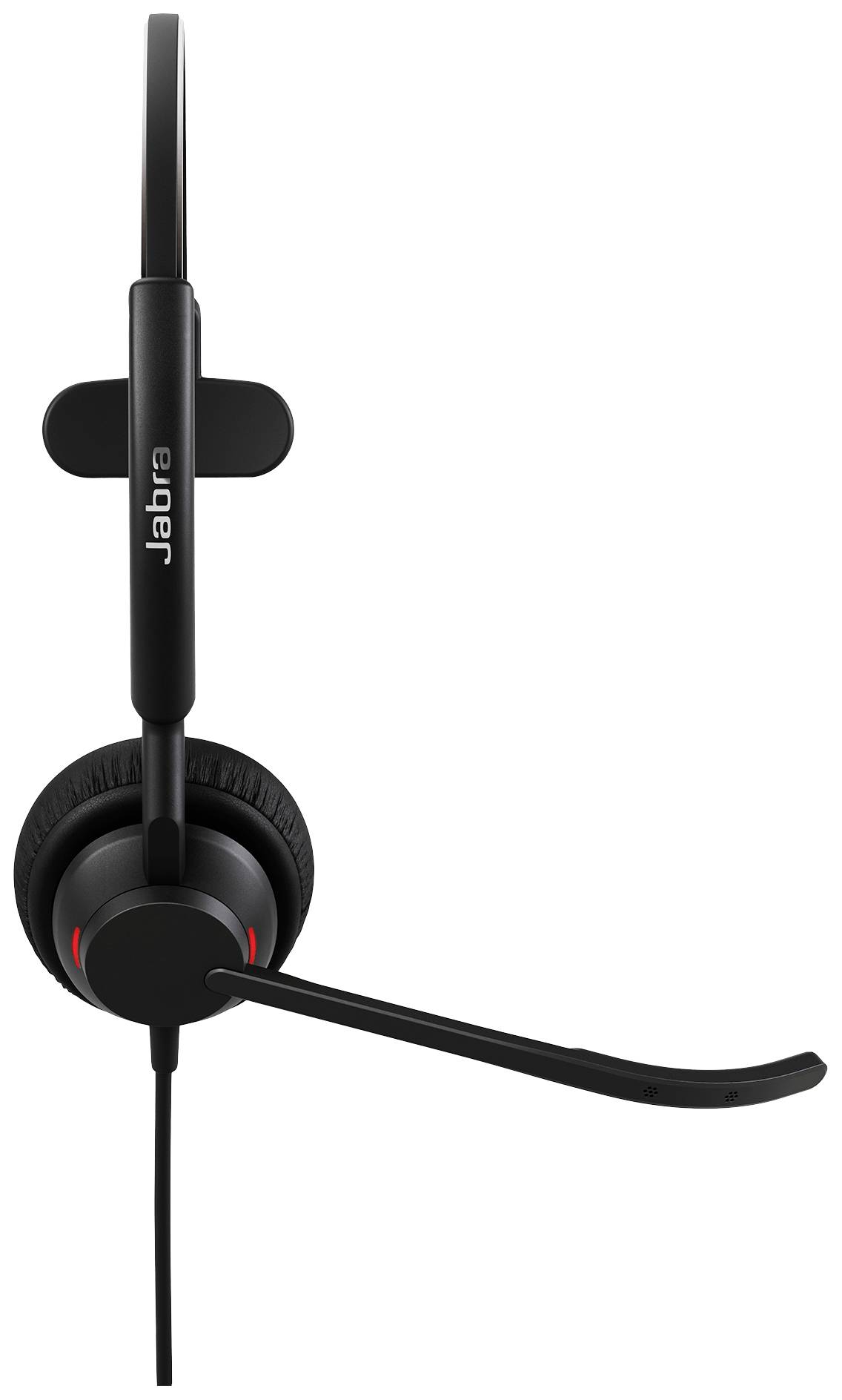 Schwarzes Headset von der Seite, ein Ohrhörer und Mikrofon sichtbar, geeignet für professionelle Kommunikation.