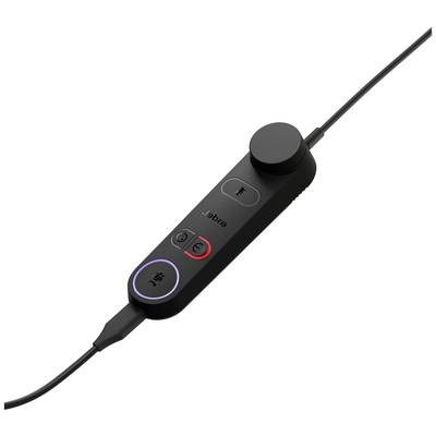 Schwarze Steuerungseinheit mit Kabel, zwei Tasten und Drehregler. Eine Taste ist rot umrandet, die andere blau.