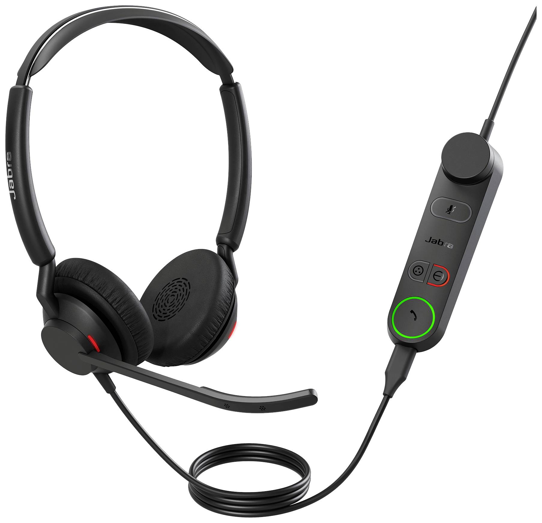 Schwarzes Headset mit Mikrofon und Steuerungseinheit am Kabel. Geeignet für Telefonanrufe und Online-Meetings.