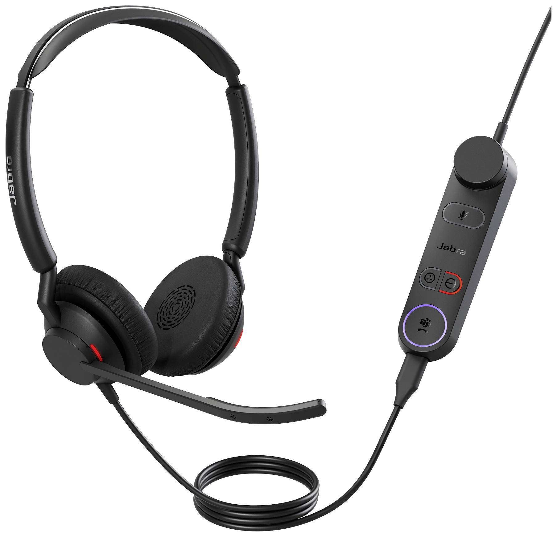 Schwarzes Over-Ear-Headset mit Mikrofon und In-Line-Steuerung, mit Kabel verbunden, geeignet für Telefonate oder Online-Meetings.