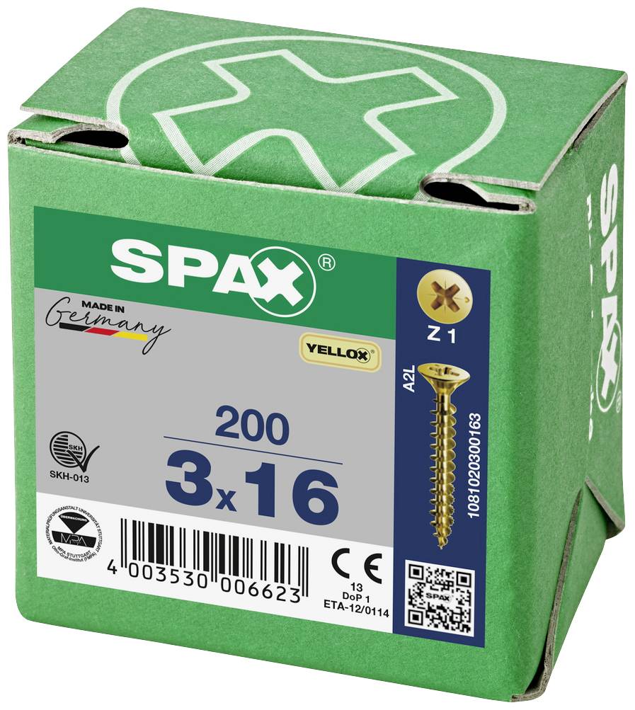 Eine grüne Schachtel mit 'SPAX' Logo enthält 200 Schrauben der Größe 3x16 mm. Made in Germany. Enthält Details zum Produkttyp.