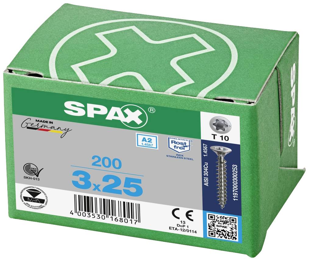Grüne Schachtel mit SPAX-Schrauben (200 Stück, 3x25 mm). 'Made in Germany' und Rostschutzsymbol sind aufgedruckt.