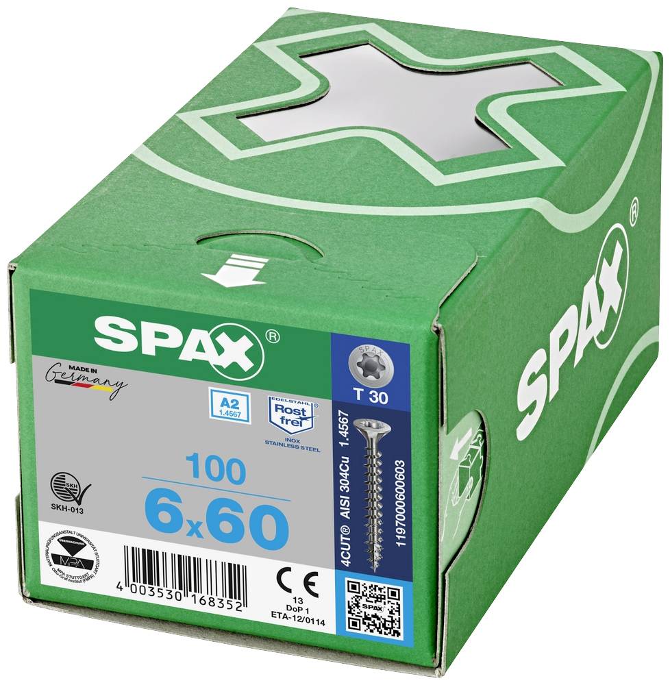 'SPAX' Schraubenverpackung mit 100 Schrauben der Größe 6x60 mm. Verpackung zeigt grün-weißes Design mit Logo und Text 'Made in Germany'.