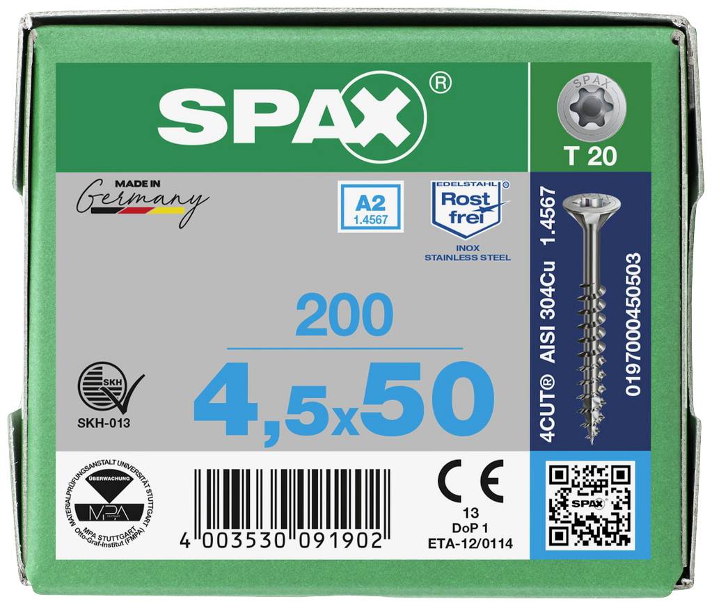'SPAX Schraubenverpackung, 200 Stück, 4,5x50 mm, rostfreier Stahl, T20 Kopf. Made in Germany. QR-Code enthalten.'
