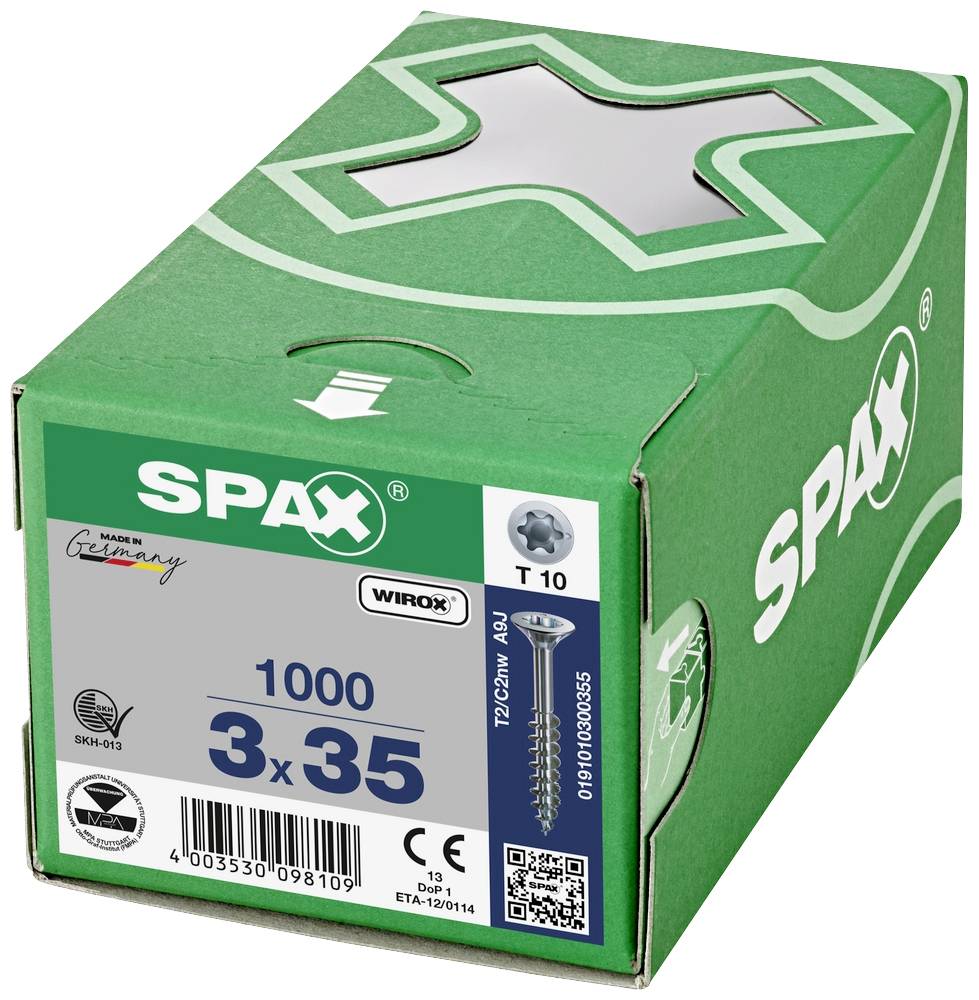 Grüne SPAX-Schraubenbox mit 1000 Schrauben der Größe 3x35 mm, hergestellt in Deutschland. Enthält WIROX-Beschichtung und CE-Kennzeichnung.