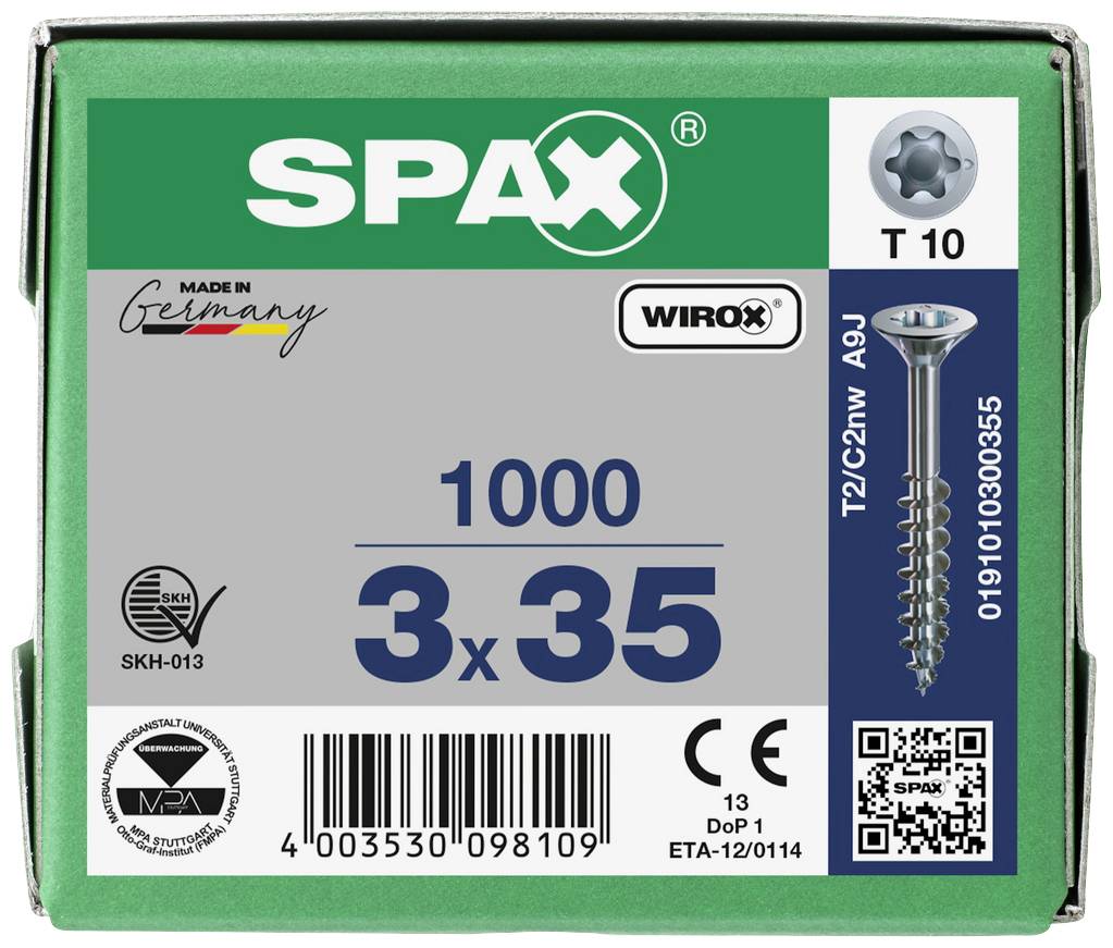 'SPAX' Karton mit 1000 Schrauben, Größe 3x35mm. Enthält Länderflaggen-Symbol für Produkte aus Deutschland. QR-Code unten rechts.