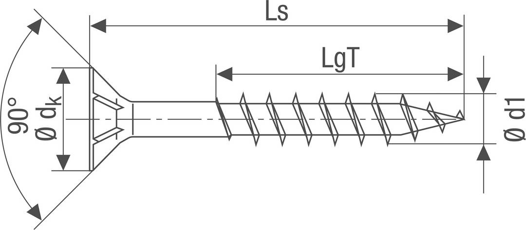 Technische Zeichnung einer Senkkopfschraube mit Bemaßungen: Gesamtlänge (Ls), Gewindelänge (LgT), Schaftdurchmesser (ød1), Kopfdurchmesser (ødk).