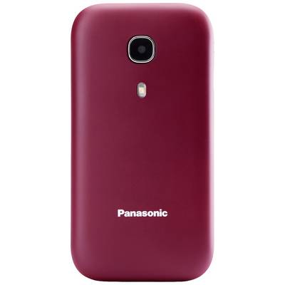 Rückseite eines rotfarbenen Panasonic-Handys mit Kamera und LED-Blitz.